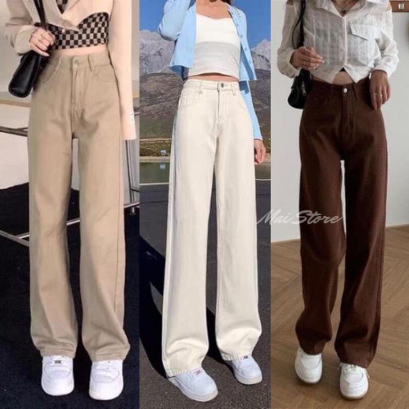 Quần jeans ống suông đen khói xanh cạp cao siêu hack chân siêu tôn dáng MaiStore