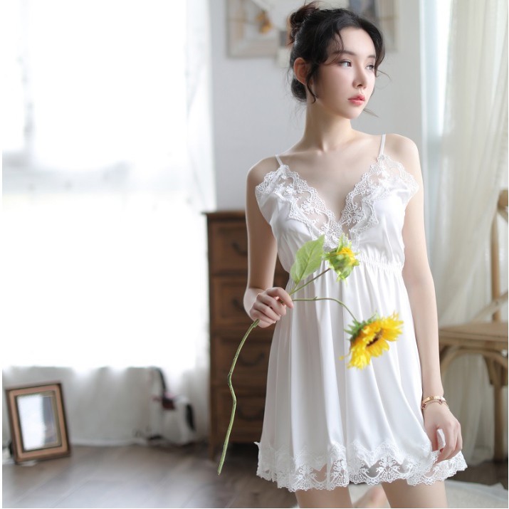 [Che tên] Váy ngủ lụa thái ren ngực - Màu trắng