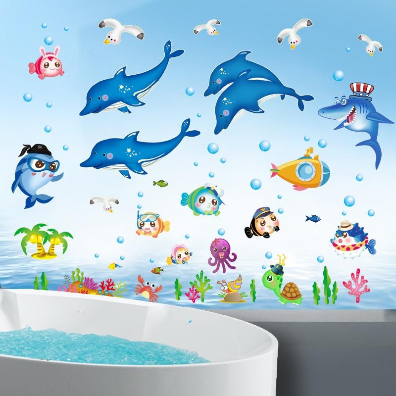Combo 2 tranh dán tường cho bé, decal dán tường cho bé các con vật dưới nước, đề can dán tường cho bé tặng sticker