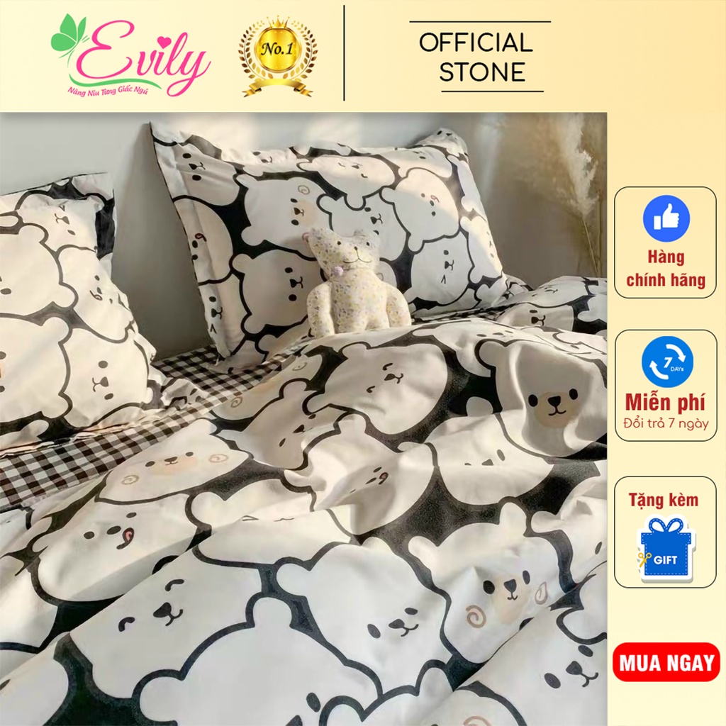 Trọn Bộ 4 Món Chăn Ga Gối Mền Cotton Poly-Thương Hiệu 🌸EVILY🌸-Mẫu GẤU PU TRẮNG Cute.Đáng Yêu