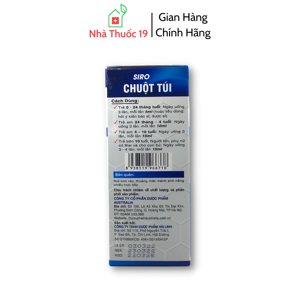 Siro Ho Chuột Túi - Giúp Bổ Phế, Giảm Ho, Giảm Đờm, Hỗ Trợ Giảm Đau Rát Họng, Cảm Cúm (Lọ 100ml)