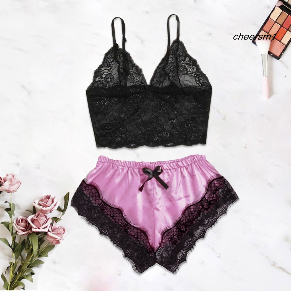 Bộ đồ ngủ áo lót + quần short vải ren hoa gợi cảm thời trang
