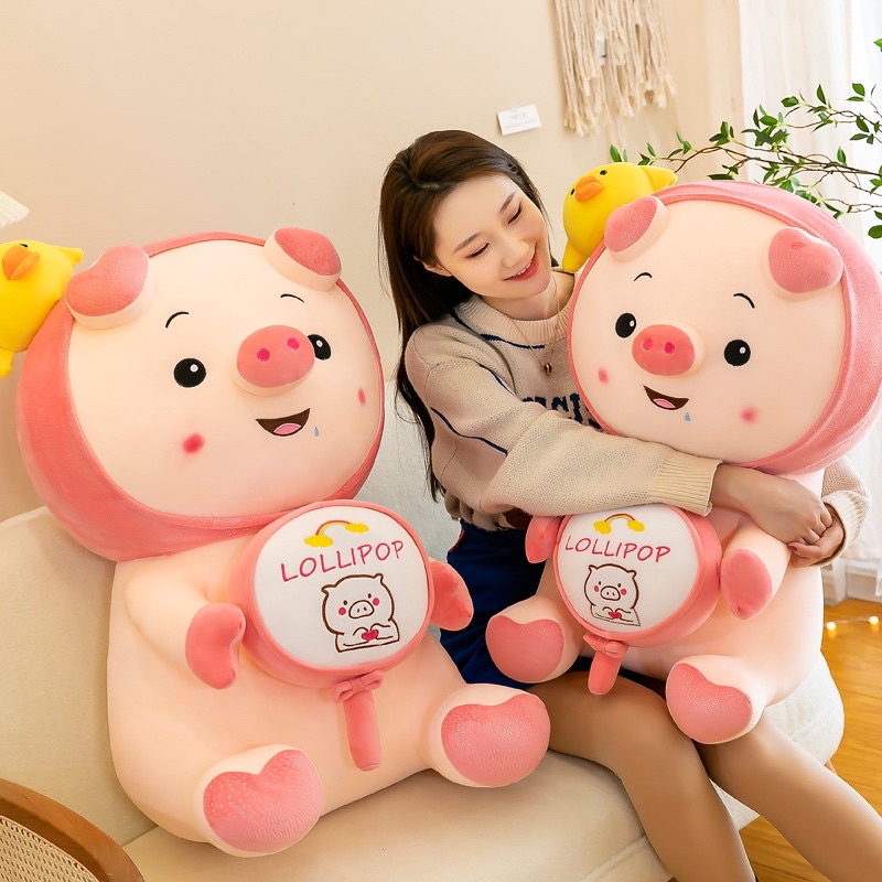 Gấu Bông Heo Ôm Kẹo LoLiPop, Lợn Đầu vịt siêu cute, Hàng nhập cao cấp có dây kéo.