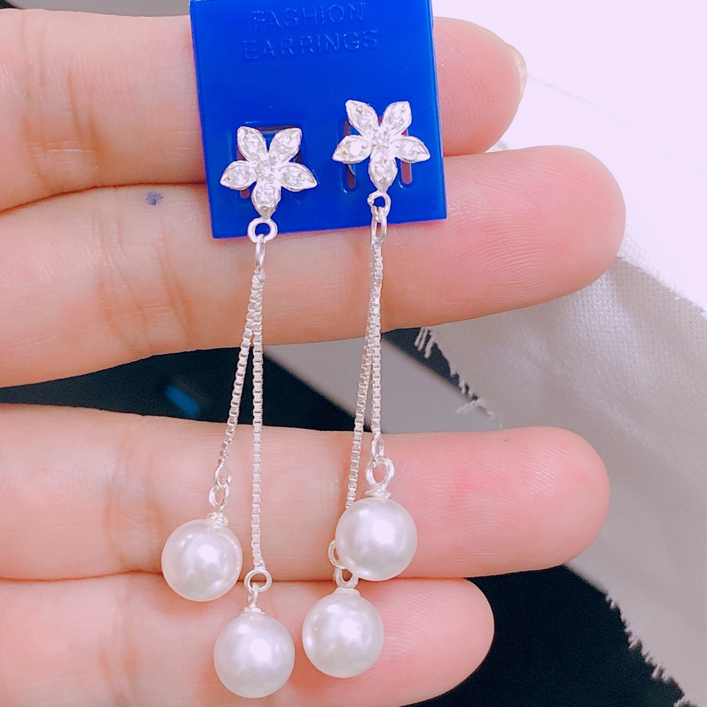 Bông tai hoa đính tua treo hạt dài xinh xắn LINH MIU SILVER