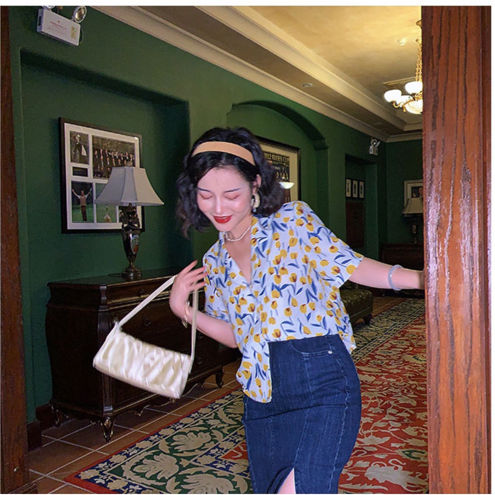 Áo Sơ Mi Nữ Ngắn Tay In Họa Tiết Hoa tulip Phong Cách retro