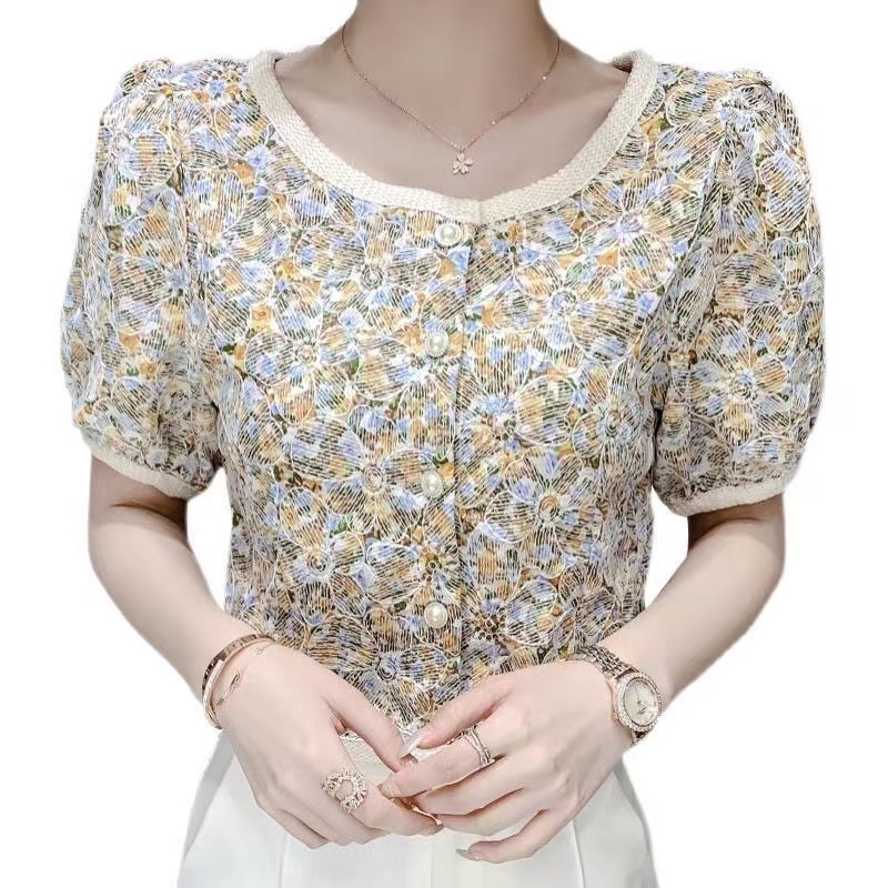 Áo Kiểu chiffon Tay Ngắn Phồng Form Rộng Họa Tiết Hoa Thời Trang Mùa Hè
