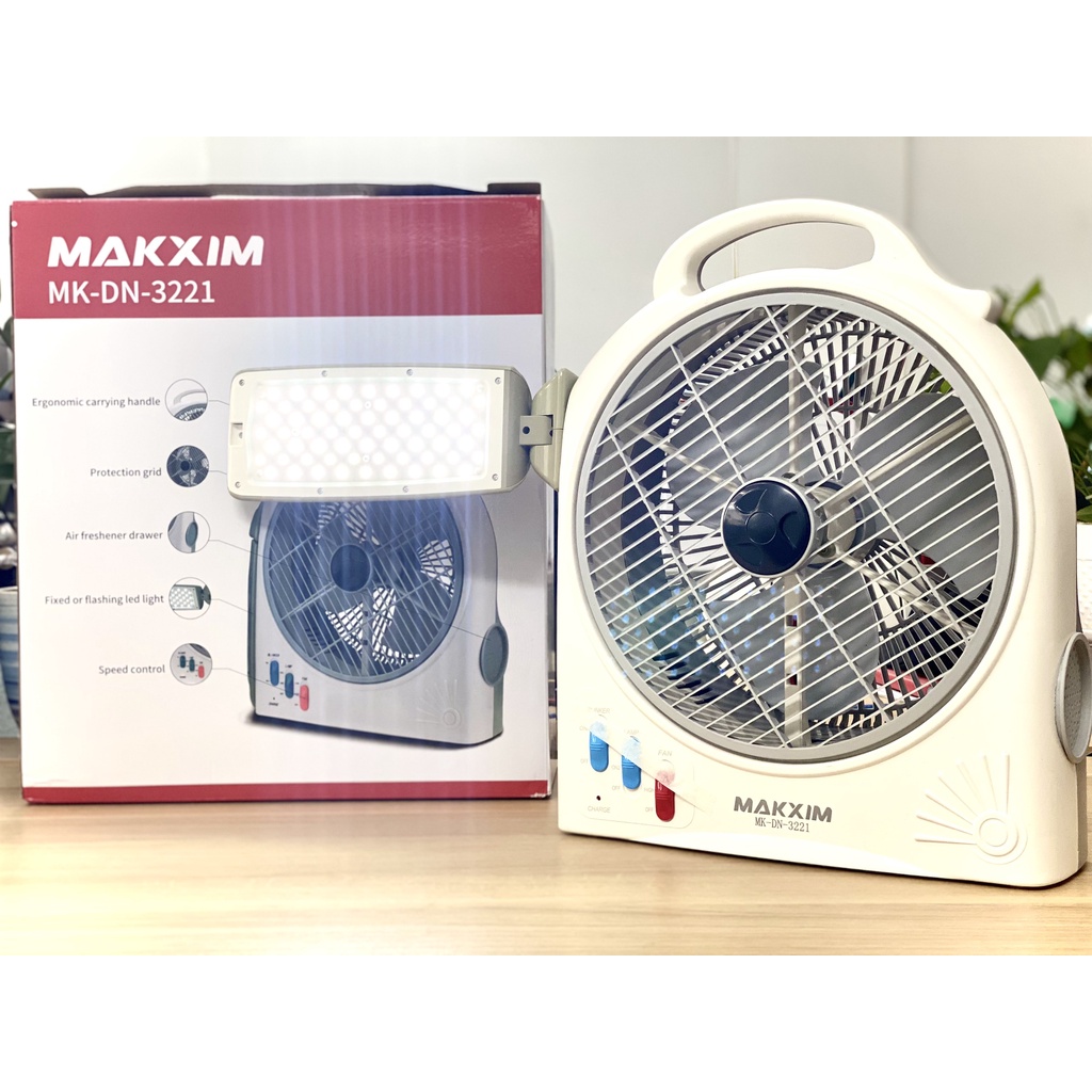 Quạt sạc tích điện MAKXIM model MK-DN-3221 dạng hộp AC&DC 10 inch Honjianda FL223/FL213 2 bình - có đèn LED & USB