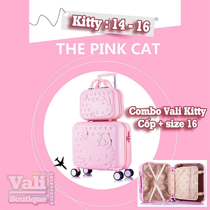 Vali kéo nhựa em bé mèo kitty hồng phấn - size 16, cốp kitty