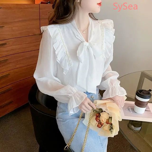 Áo Sơ Mi Voan Đính Nơ Ngọc Trai Thời Trang Mùa Xuân Dành Cho Nữ