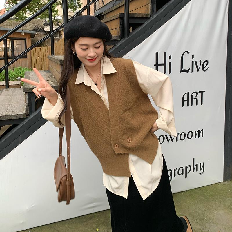 Bộ áo sơ mi tay dài và áo len không tay cổ chữ V thời trang Hàn Quốc cho nữ (có bán lẻ)