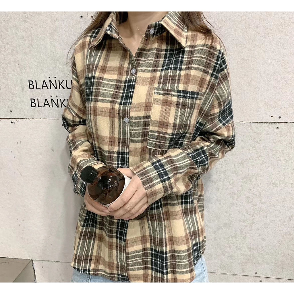 Áo Khoác Sơ Mi Caro Dáng Rộng Thời Trang Hàn Quốc Cho Nữ