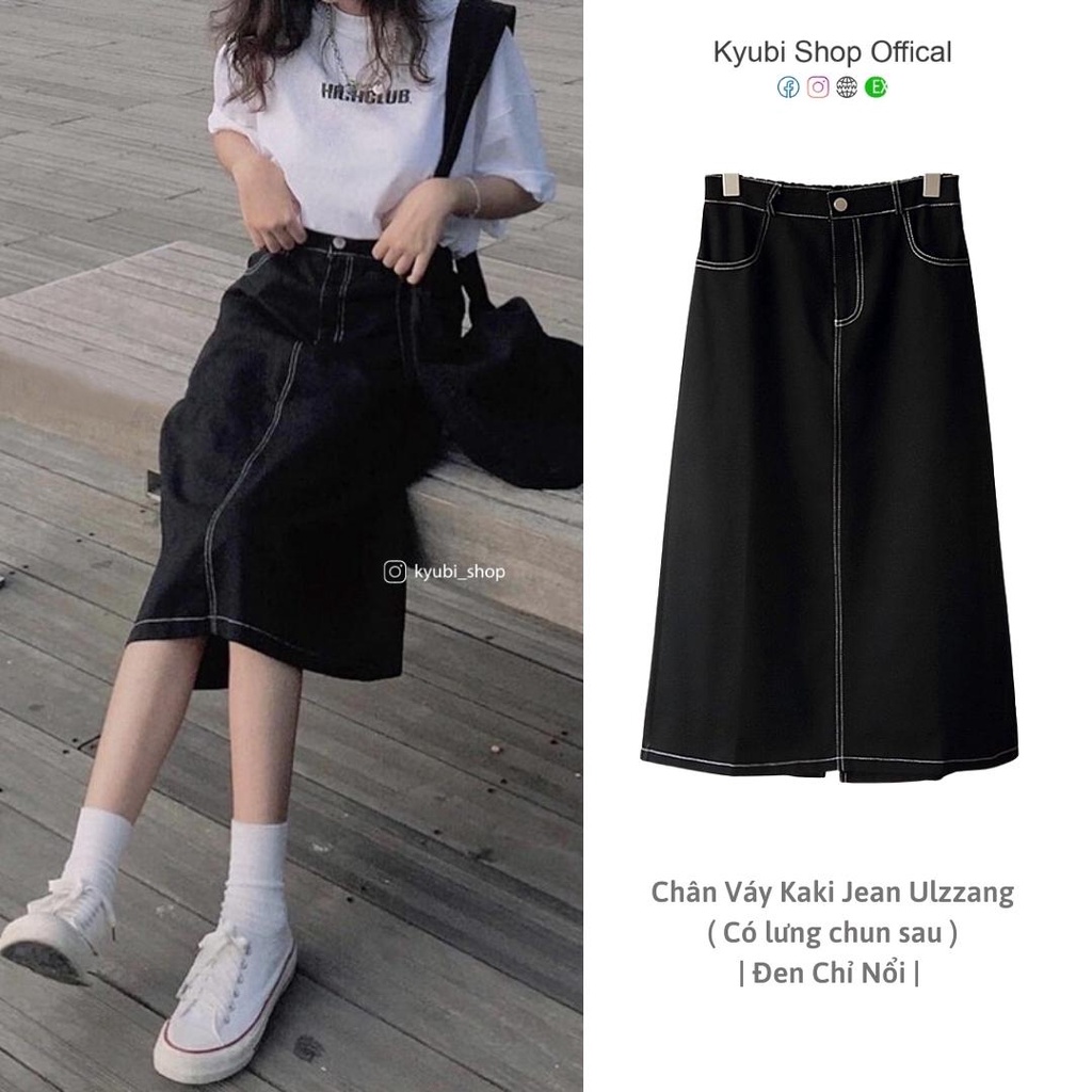 Chân váy Kaki denim phối dây Midi Kyubi dài Xẻ tà Lưng cao dáng chữ A [Nhiều Mẫu] - Váy Bò dài Cạp cao Ulzzang Kyubi CVJ