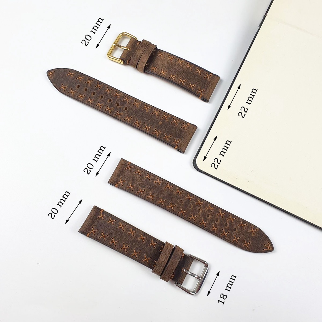 Dây đồng hồ thủ công da bò sáp AL117VB   Size 20/Size 22 - 100% da bò thật, BH 3 năm