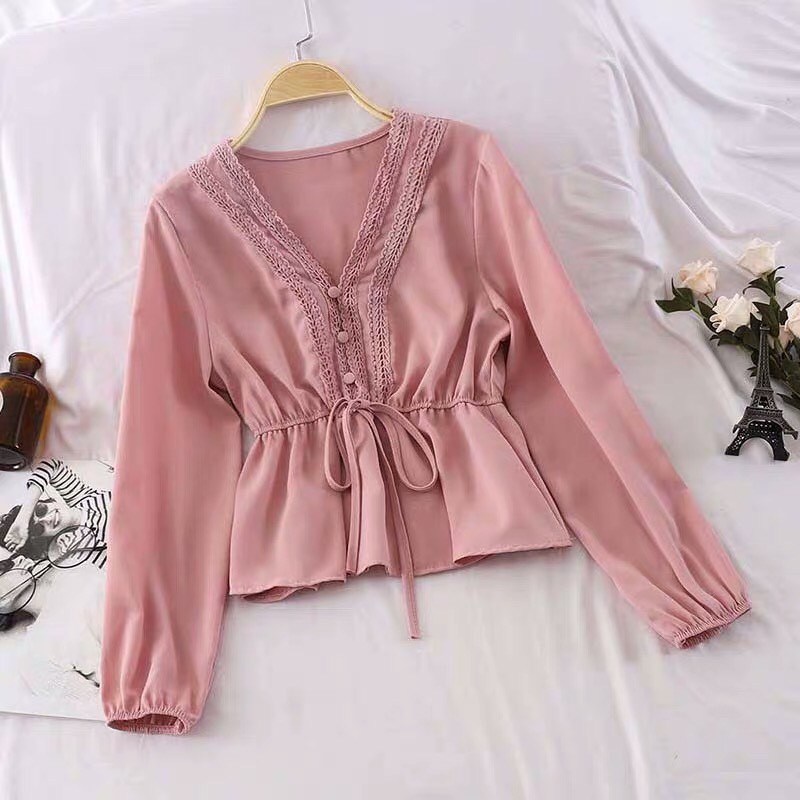 Áo Voan Cổ V Tay Dài Phối Ren Kiểu Kèm Rút Eo Qúy Phái TTS0638