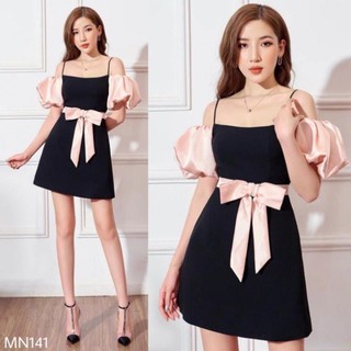 Váy ôm body hai dây trễ vai tay phồng ngắn nơ eo hồng tuyết mưa dễ thương