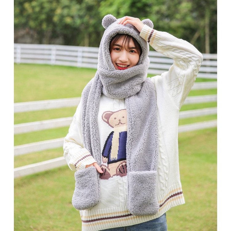 Mũ Len Trùm Đầu Kèm Khăn Và Bao Tai 3 Trong 1 Siêu Xinh Kiểu Dáng Mũ Lông Cừu Tai Gấu Hàn Quốc Dày Mịn Ấm Áp