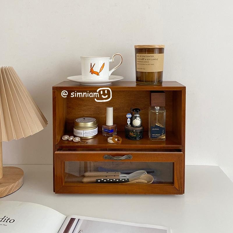 Tủ Gỗ Đựng Mỹ Phẩm Để Bàn Có Ngăn Kéo Phong Cách Retro Hàn Quốc