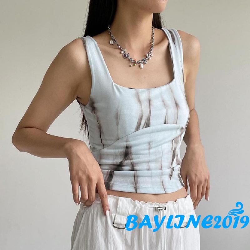 Áo Tank Top Sát Nách Cổ Vuông In Họa Tiết Mực In Phong Cách Đường Phố Thời Trang Mùa Hè Cho Nữ