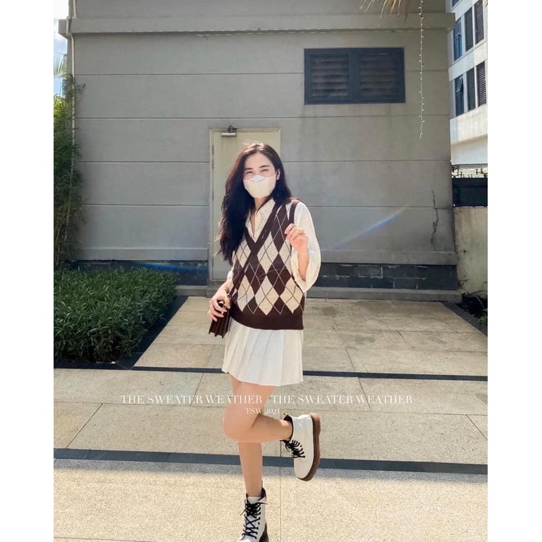 Áo Gile len nữ Dáng rộng Họa Tiết Caro Ulzzang Hàn Quốc