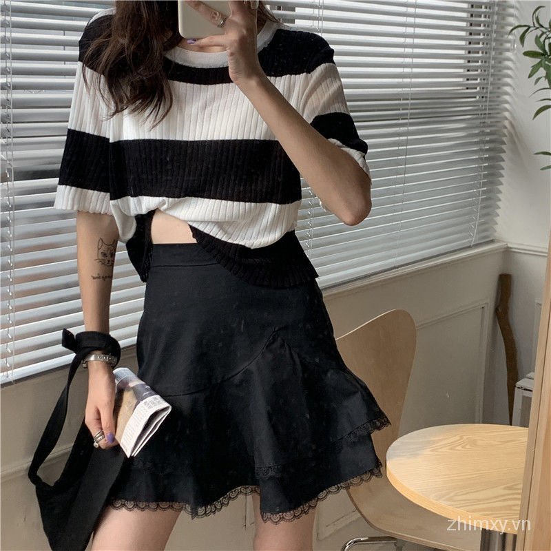 Áo dệt kim Do Dower tay ngắn dáng rộng họa tiết kẻ sọc màu tương phản thời trang mùa hè Hàn Quốc cho nữ | BigBuy360 - bigbuy360.vn