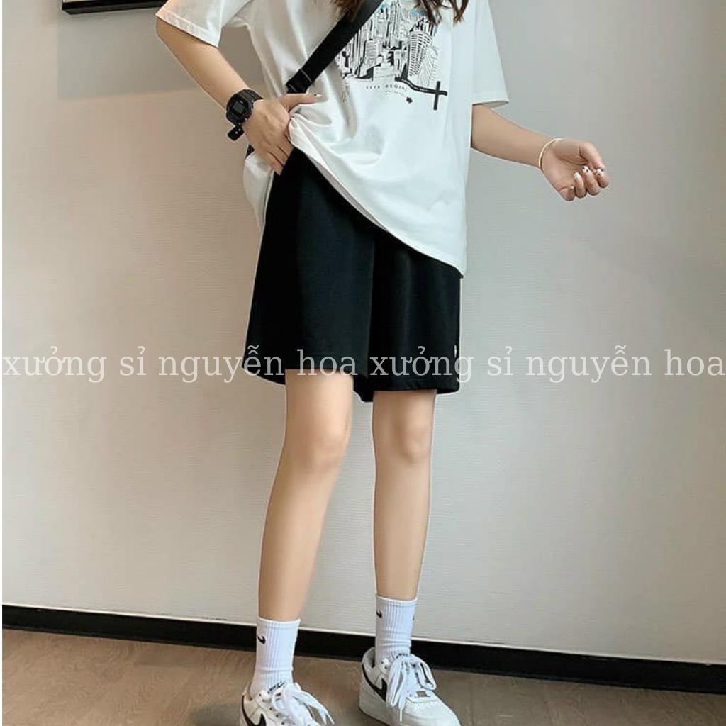 Quần short đùi unisex form dáng rộng nam nữ mặc được thêu logo 2 màu xám đen siêu hot Xưởng Sỉ Nguyễn Hoa