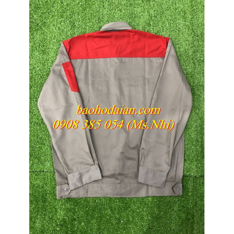 Quần áo bảo hộ lao động màu ghi đất phối đỏ vải kaki thấm hút mồ hôi M12- Hình thật