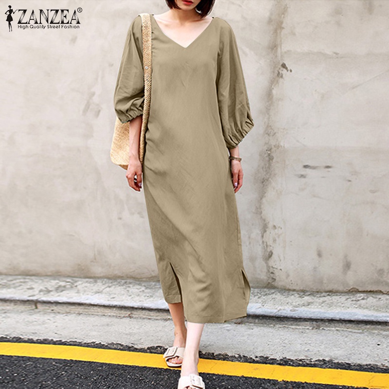 Đầm ZANZEA tay lửng màu trơn đơn giản hợp thời trang