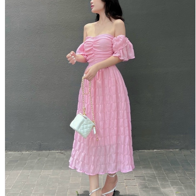 Đầm trễ vai maxi tay phồng dáng xòe phong cách retro cực sexy dễ thương đi chơi đi biển dự tiệc