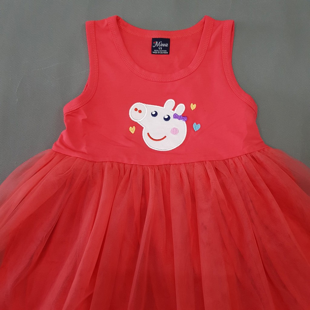 Đầm thun chân voan thêu heo peppa dễ thương bé gái 11-36kg