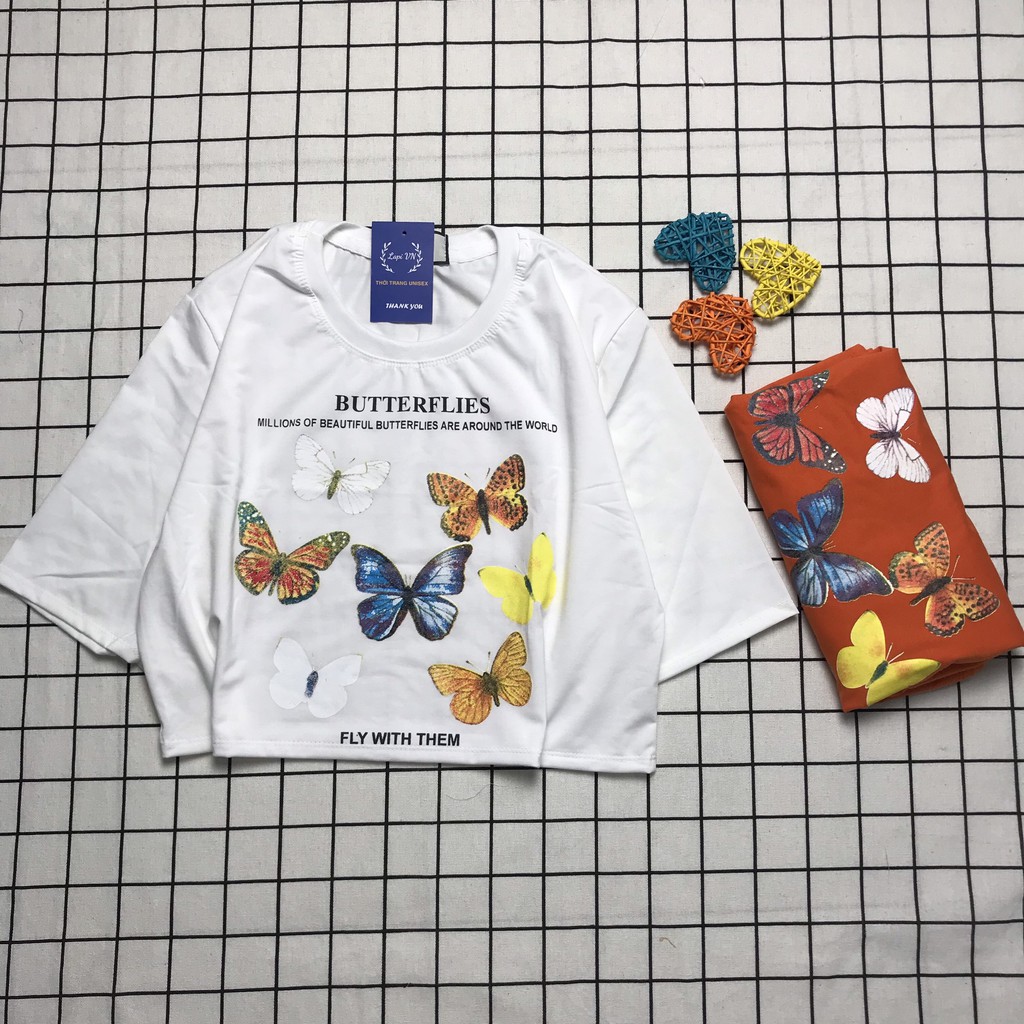 Áo Croptop Nữ Tay Lỡ In Hình Nhiều Bướm Lapi VN Phong Cách Ulzzang Freesize Phom Rộng, Áo Thun Unisex