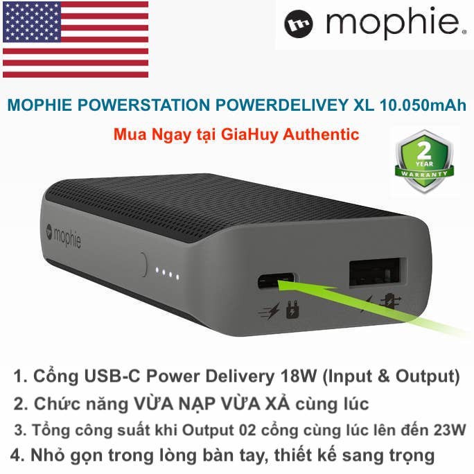 Pin sạc dự phòng cao cấp cho iPhone, iPad, S9, Note 9 MOPHIE PowerStation PD XL 10050mAh 24W ( 1C PD 18W &amp; 1A 12W)