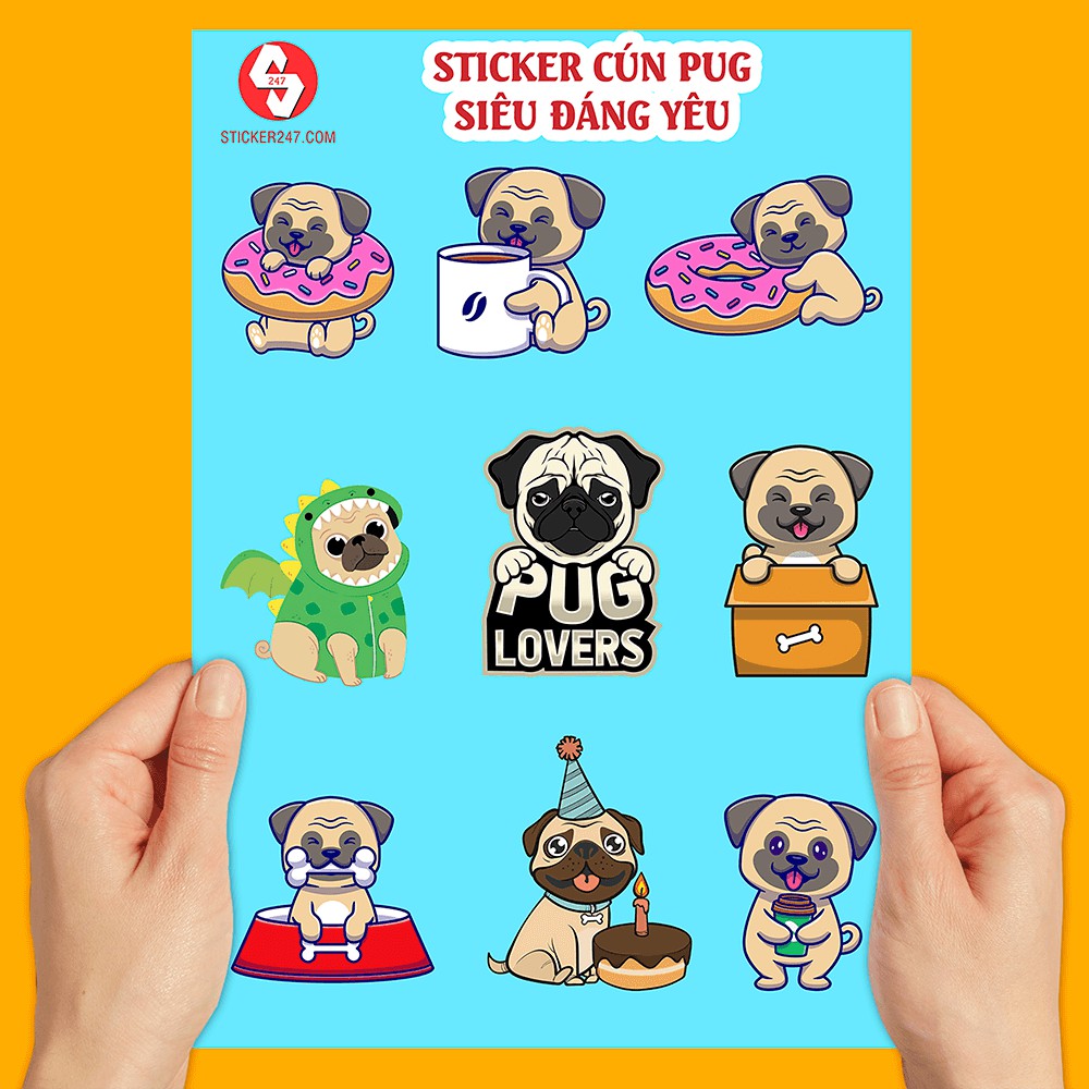 Sticker dán hình chú chó Pug siêu dễ thương không thấm nước, bền màu