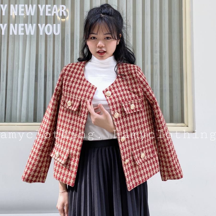 Áo khoác nữ Hamy A-52 dạ Tweed họa tiết kẻ tự nhiên màu đen đỏ kem
