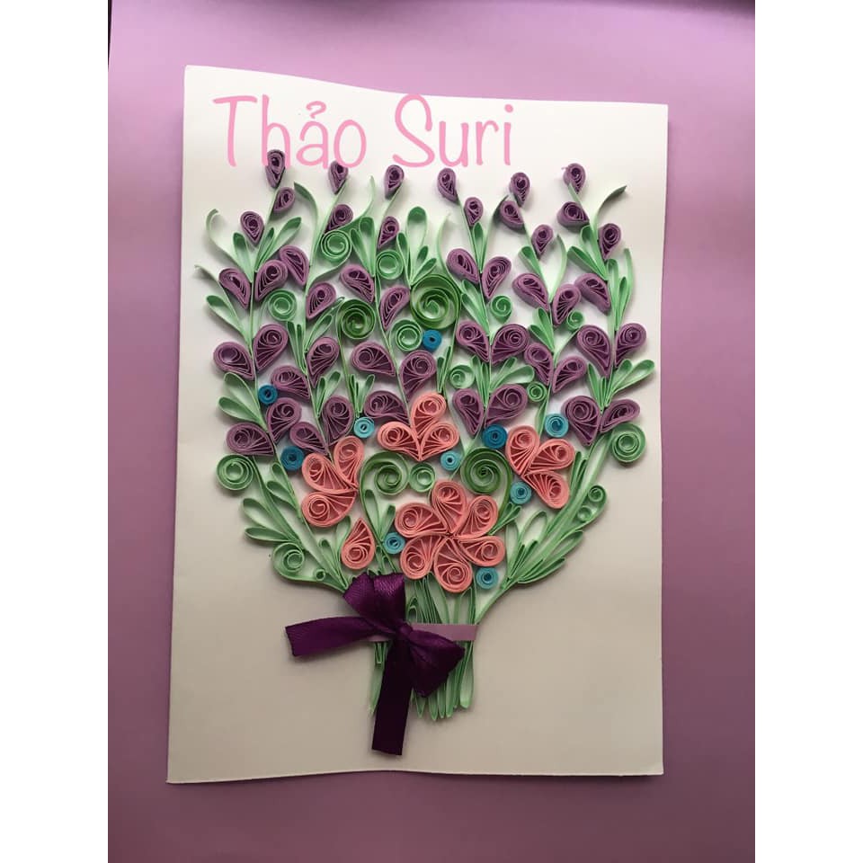 Thiệp/Tranh handmade bó hoa oải hương nghệ thuật giấy cuốn size A5 (Lavender quiling card/picture)