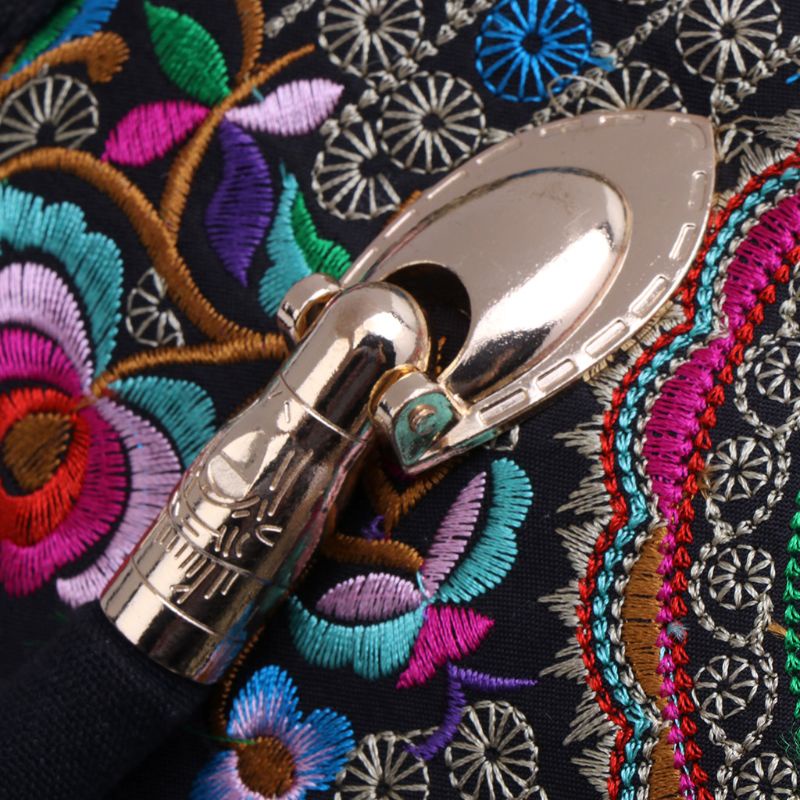 HAN  Women Floral Embroidered Handbag Ethnic Boho Canvas Shopping Tote Zipper Bag