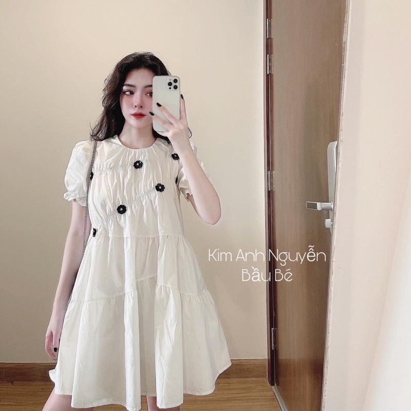 Váy Babydoll trắng Đính hoa đen ulzzang style (hàng Quảng Châu Loại 1) Đầm babydoll form rộng