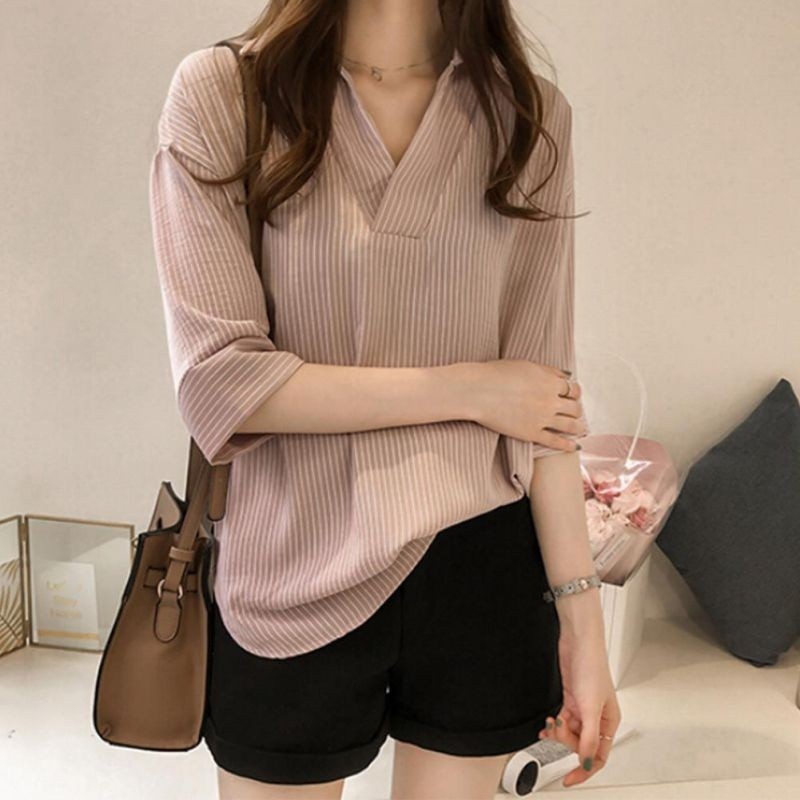 Áo Tay Dài Phối Sọc Cổ V Thời Trang Công Sở Cho Nữ