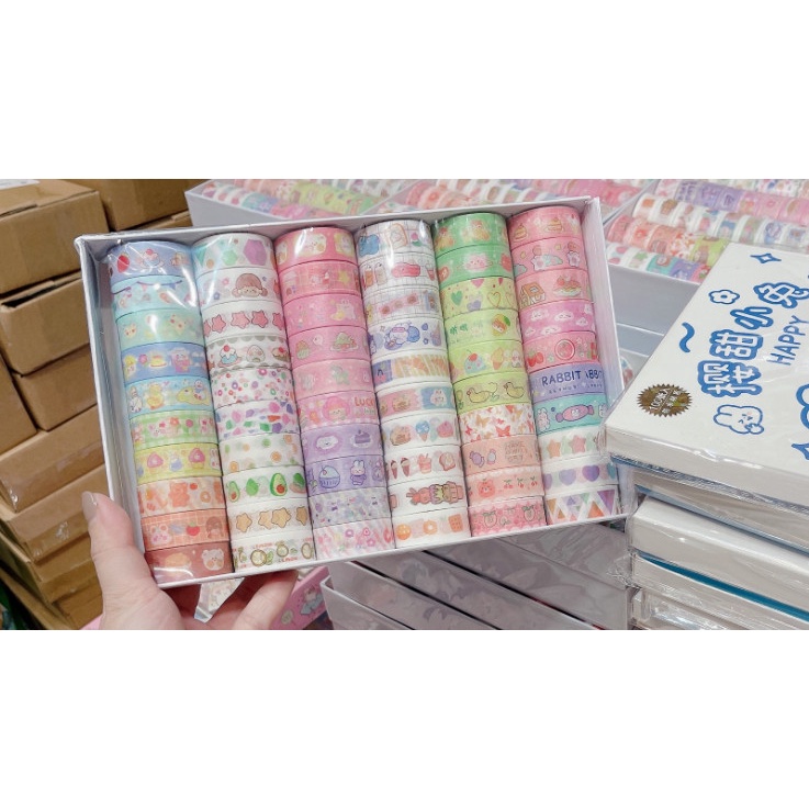 Hộp 60 cuộn washi tape dán trang trí sổ tay nhật ký nhiều mẫu xinh xắn.