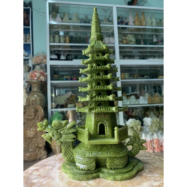 Tượng Rùa Đầu Rồng (Long Quy) Cõng Tháp Văn Xương Đá Ngọc Ấn Độ - cao 36cm