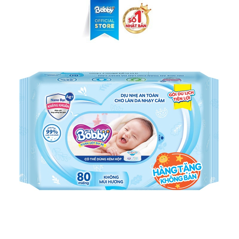 Bộ 4 Khăn ướt Bobby không mùi 80 miếng/hộp