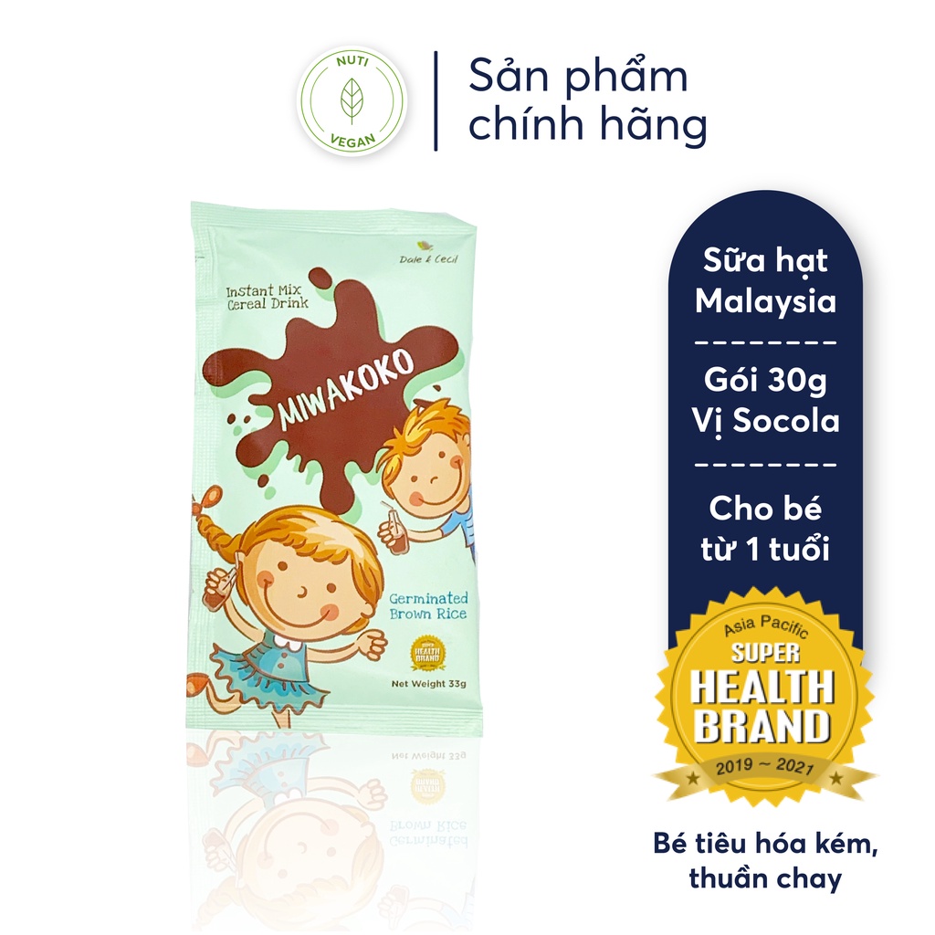 Sữa Hạt Hữu Cơ MIWAKOKO nhập khẩu Malaysia, Gói 30g vị Cacao, Sữa Cho Bé Dị Ứng Đạm Bò, Tăng Động Chậm Nói - nutivegan
