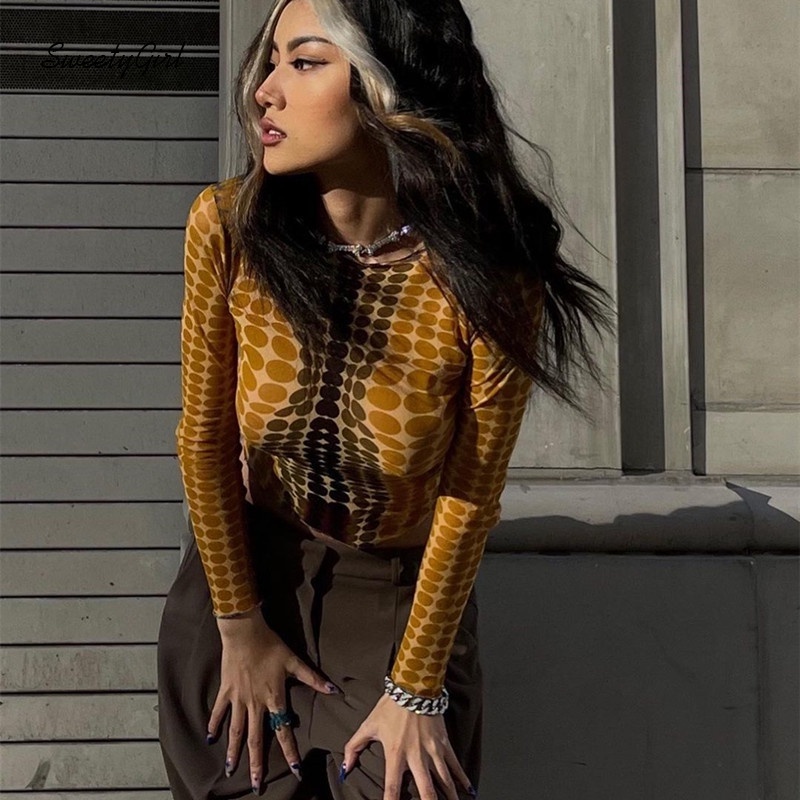 Áo croptop tay dài cổ tròn dáng ôm in họa tiết hình học thời trang cho nữ