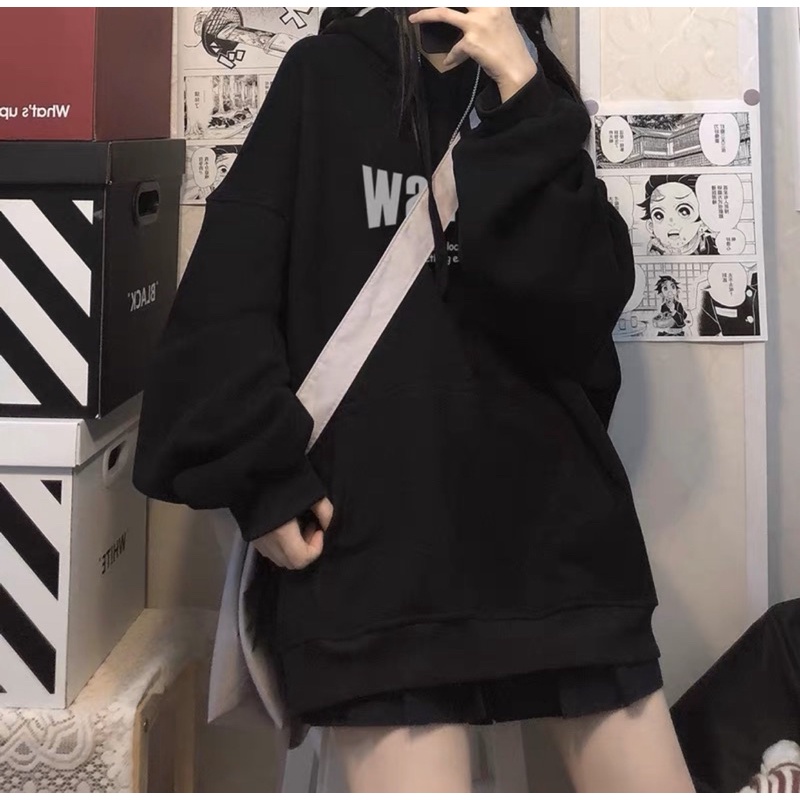 Áo Hoodie Nỉ Bông Tay Dài Chữ Wangqq Kèm Clip Thật