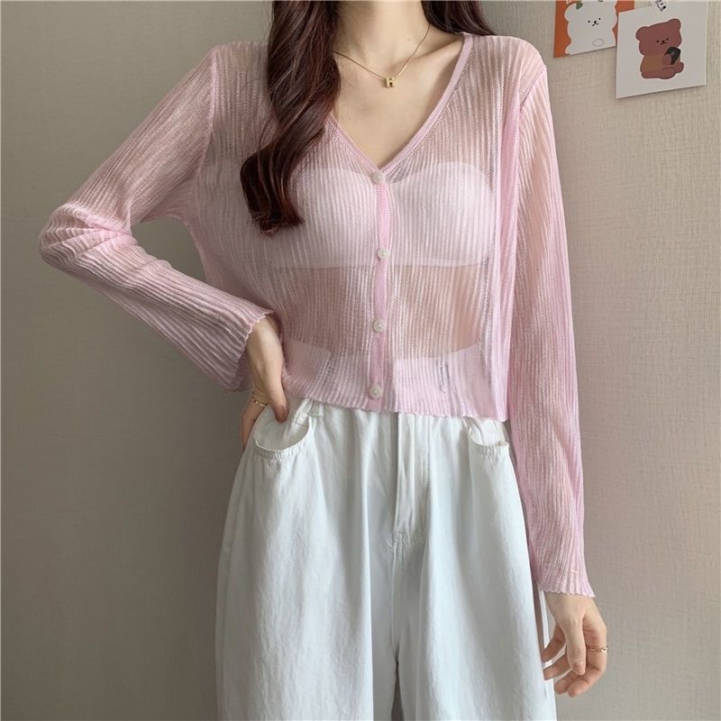 Áo Khoác Cardigan Ngắn Dệt Kim Vải Lụa Lạnh Mỏng Xuyên Thấu Thời Trang Mùa Hè Cho Nữ