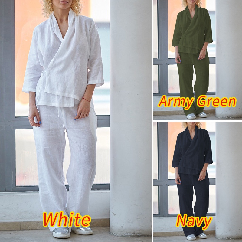 Set đồ 2 mảnh ZANZEA gồm áo tay 3/4 cổ chữ V kèm quần ống rộng lưng cao cho nữ