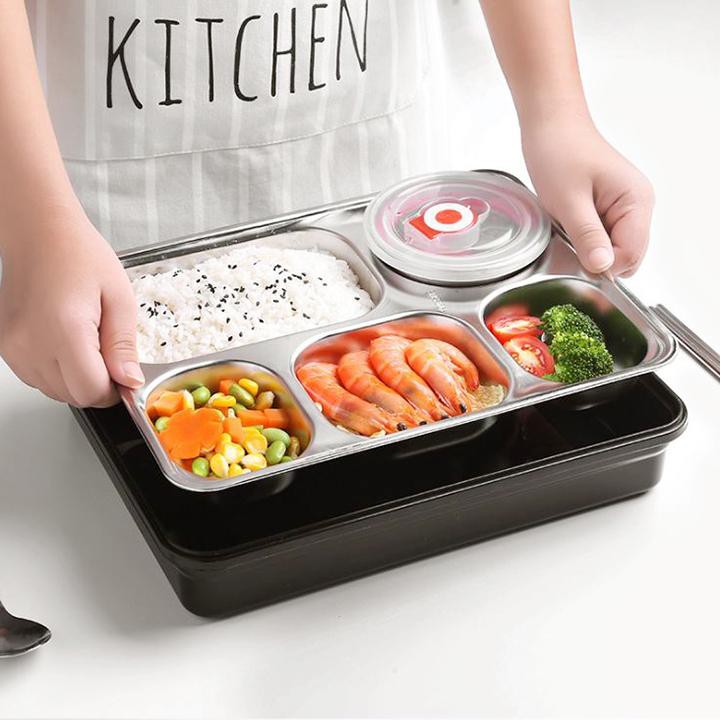 Khay Đựng Cơm 5 Ngăn - Khay Đựng Thức Ăn Văn Phòng INOX Cao Cấp