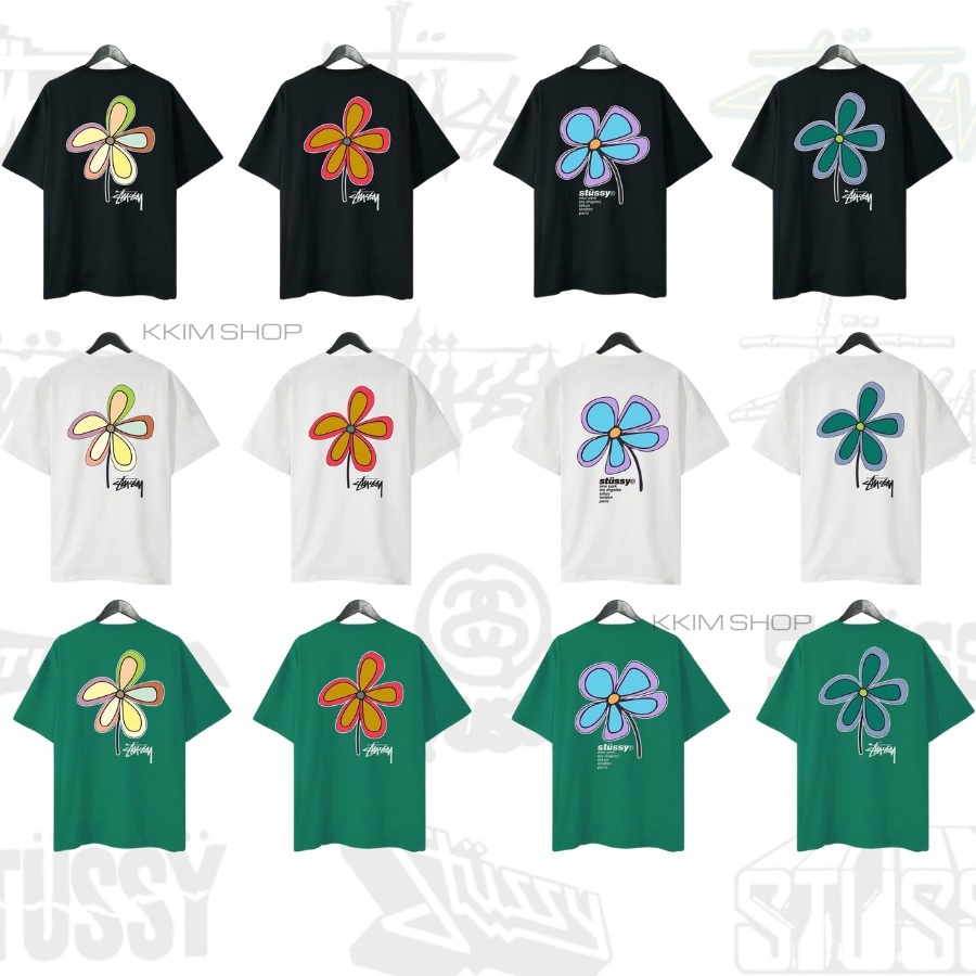 Áo thun tay lỡ STUSSY cỏ 4 lá may mắn, Áo thun unisex nam nữ form rộng oversize chất liệu Cotton KKIMSHOP