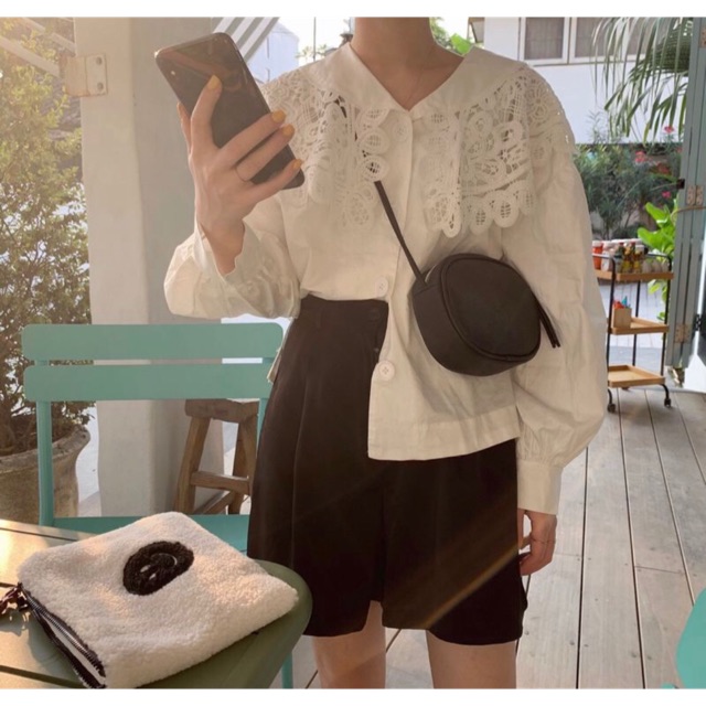 Áo sơ mi trắng cổ phối ren phong cách Hàn quốc tay phồng có hình thật 2 ảnh cuối