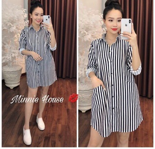 Đầm suông sọc cổ sơ mi tay dài