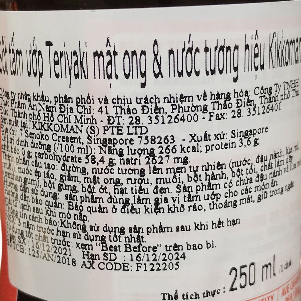 Sốt tẩm ướp Teriyaki Mật Ong Và Nước tương hiệu Kikkoman 250ml HSD 8/2025